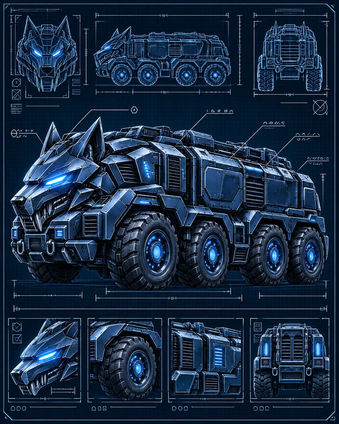 Technical blueprint of Fenrir, an eight-wheeled armoured battle truck with a mechanical wolf head
