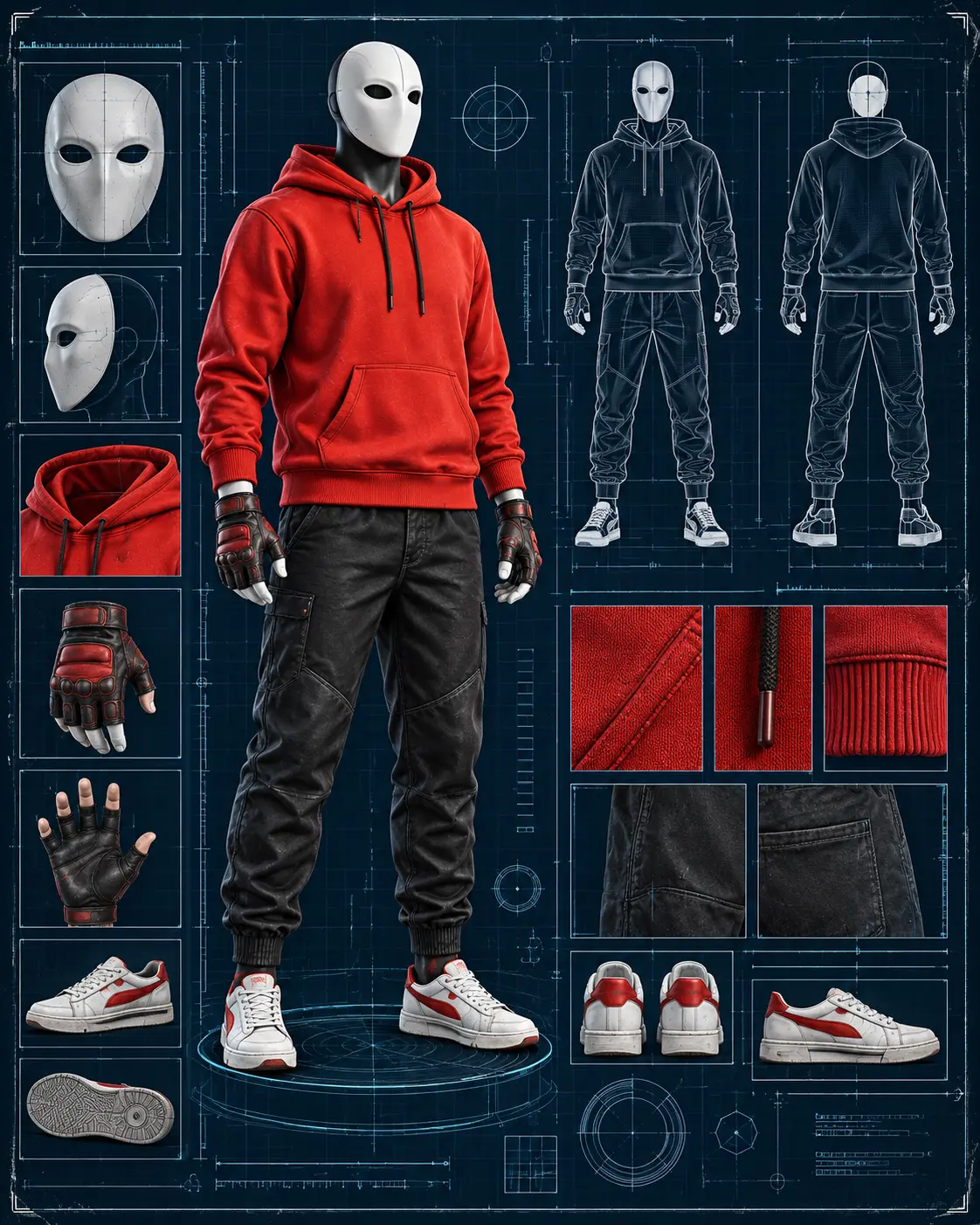 Original Pulse Ranger uniform displayed on a mannequin: red hoodie, white mask, black joggers, white trainers and early gloves