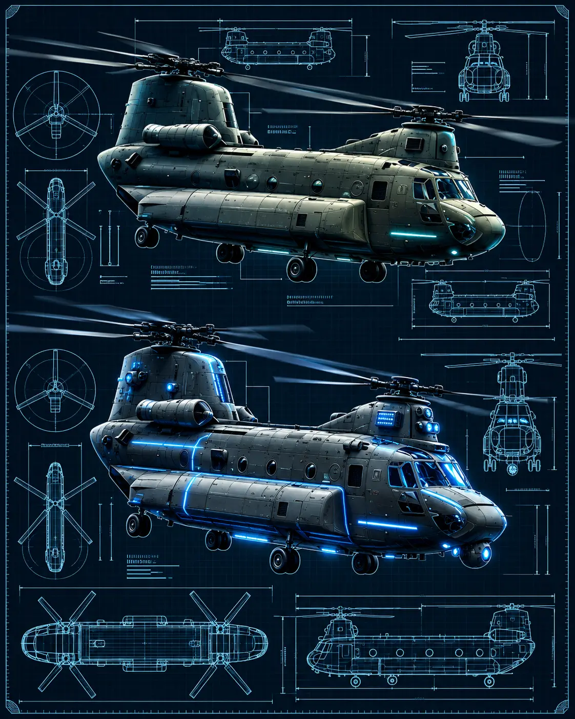 Technical blueprint of the twin-rotor Valkyrie One and the Pulse-upgraded Valkyrie Two