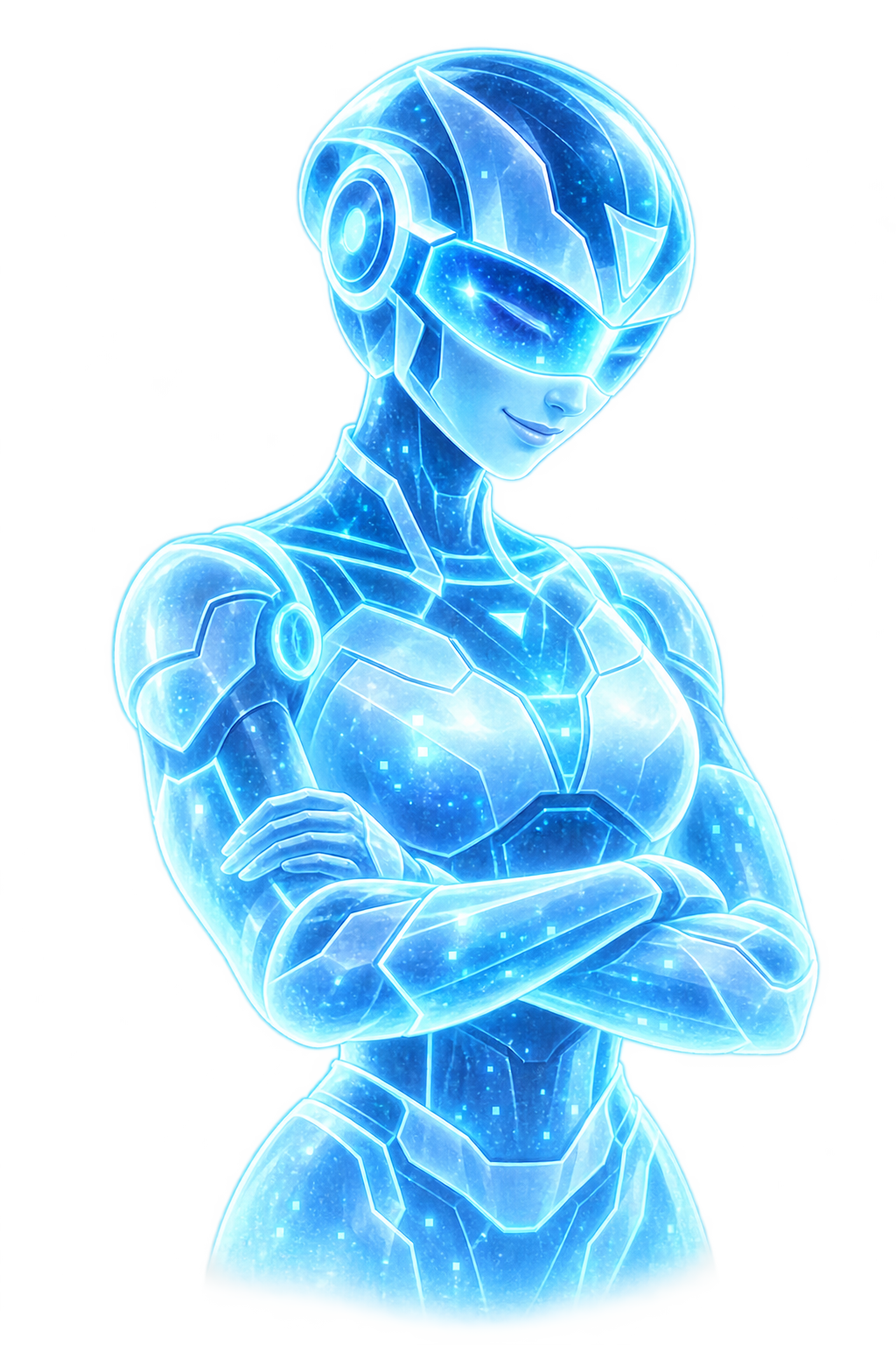 E.T.A., a blue holographic guide, looking down with arms folded